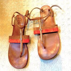 Tory Burch sandals 7.5 tan and orange, leather, adjustable straps